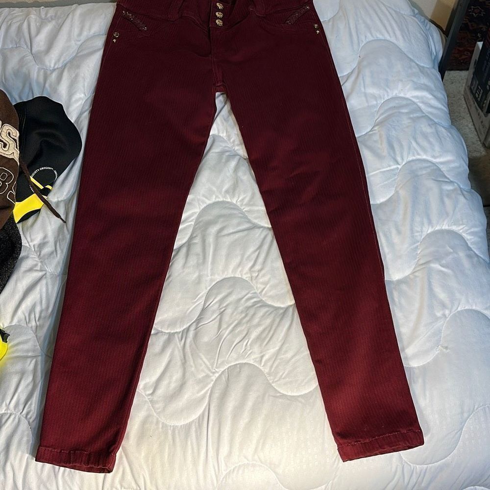 I Love N2 Elastic Tapered Jeans Red with Heart Back Pockets Waist: 29 inches